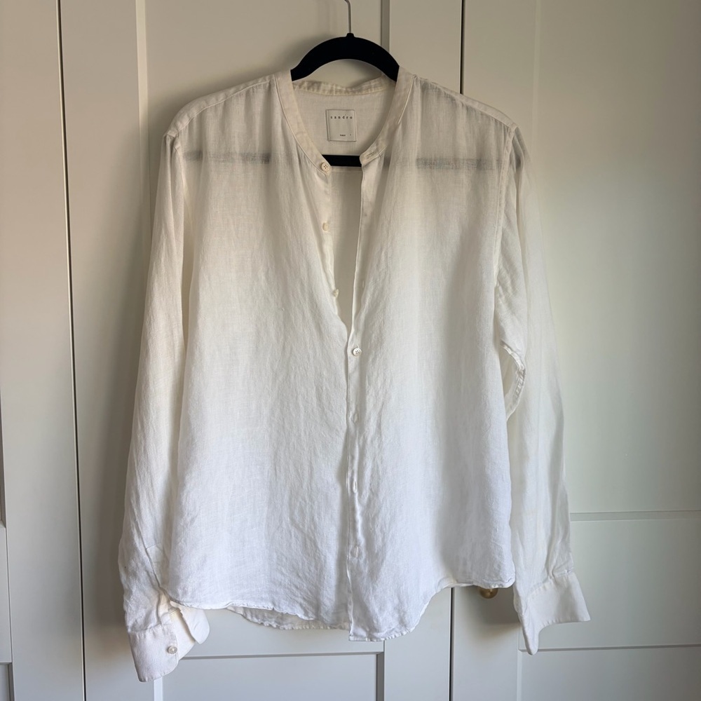 Sandro Linen White/Ivory Button-Up Blouse | XL